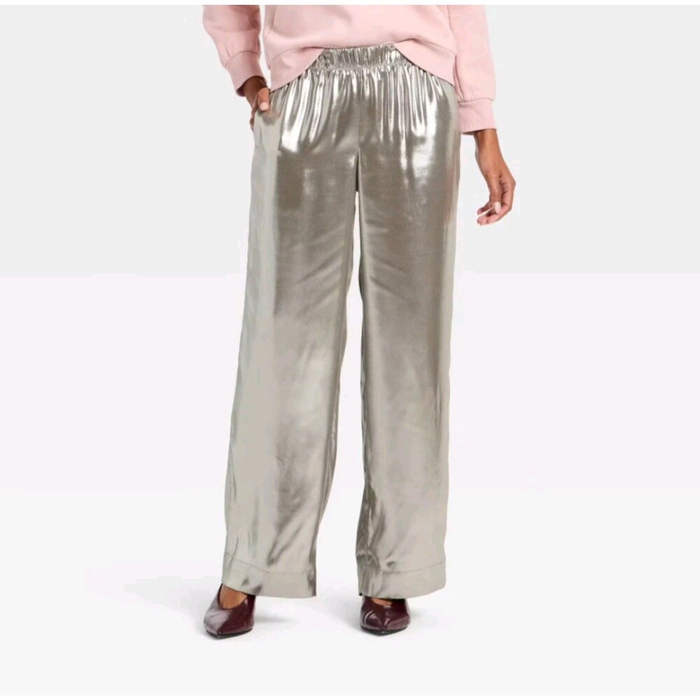 Women's A New Day Metallic Foil Pull On Pants Silver Large